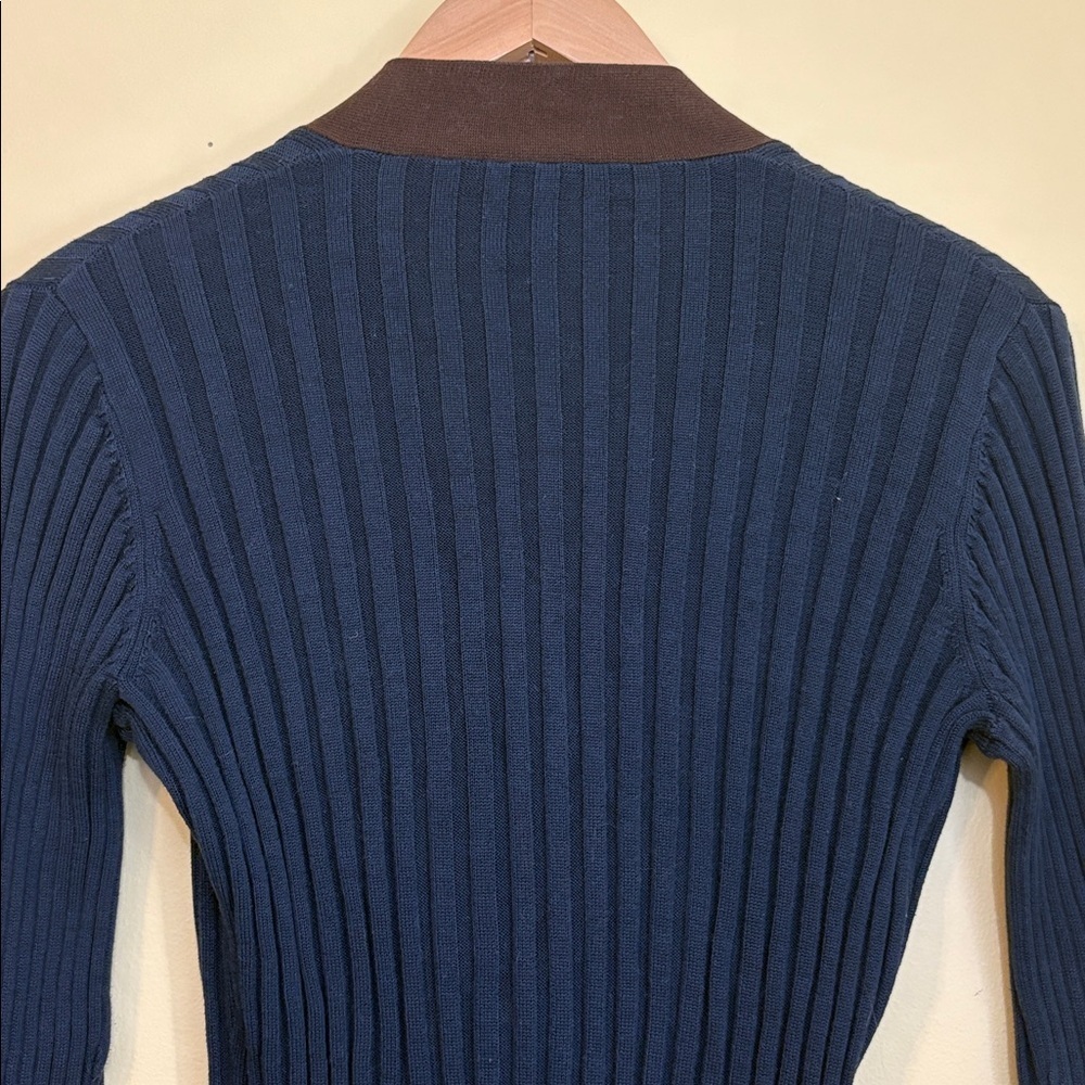 Tory Burch Simone Navy Brown Ribbed 100% Cotton V Neck Button Knit Cardigan S - Picture 11 of 13